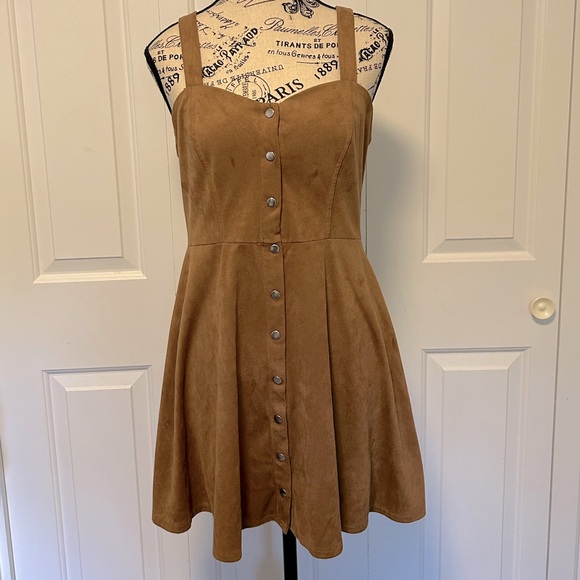 Solid Suede Button Front Casual Dress - Picture 2 of 6